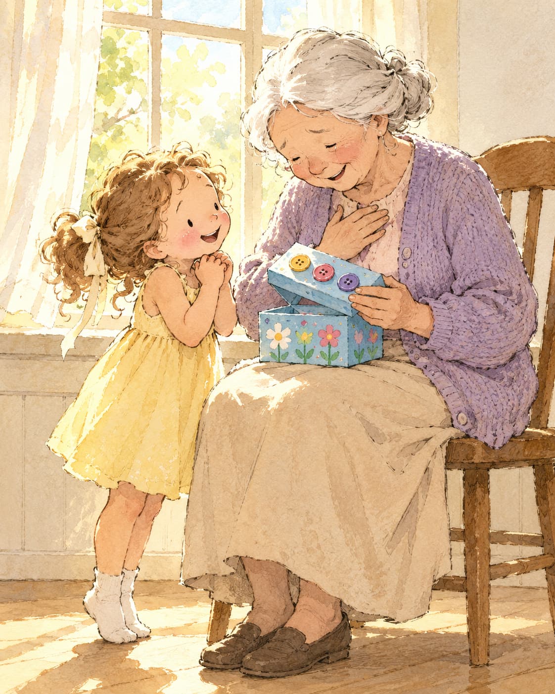 Abuela abre con ternura la cajita azul decorada que Clara le regala de cumpleaños.